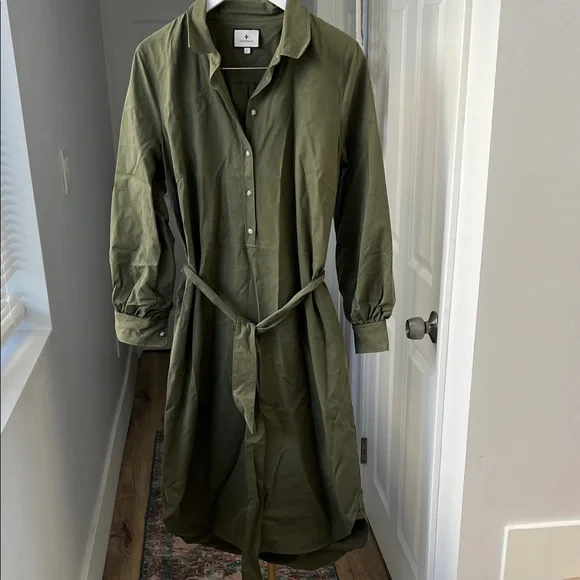 TUCKERNUCK Olive Lantern Sleeve Tory Midi Shirt Dress Olive Green Sz Large  $188